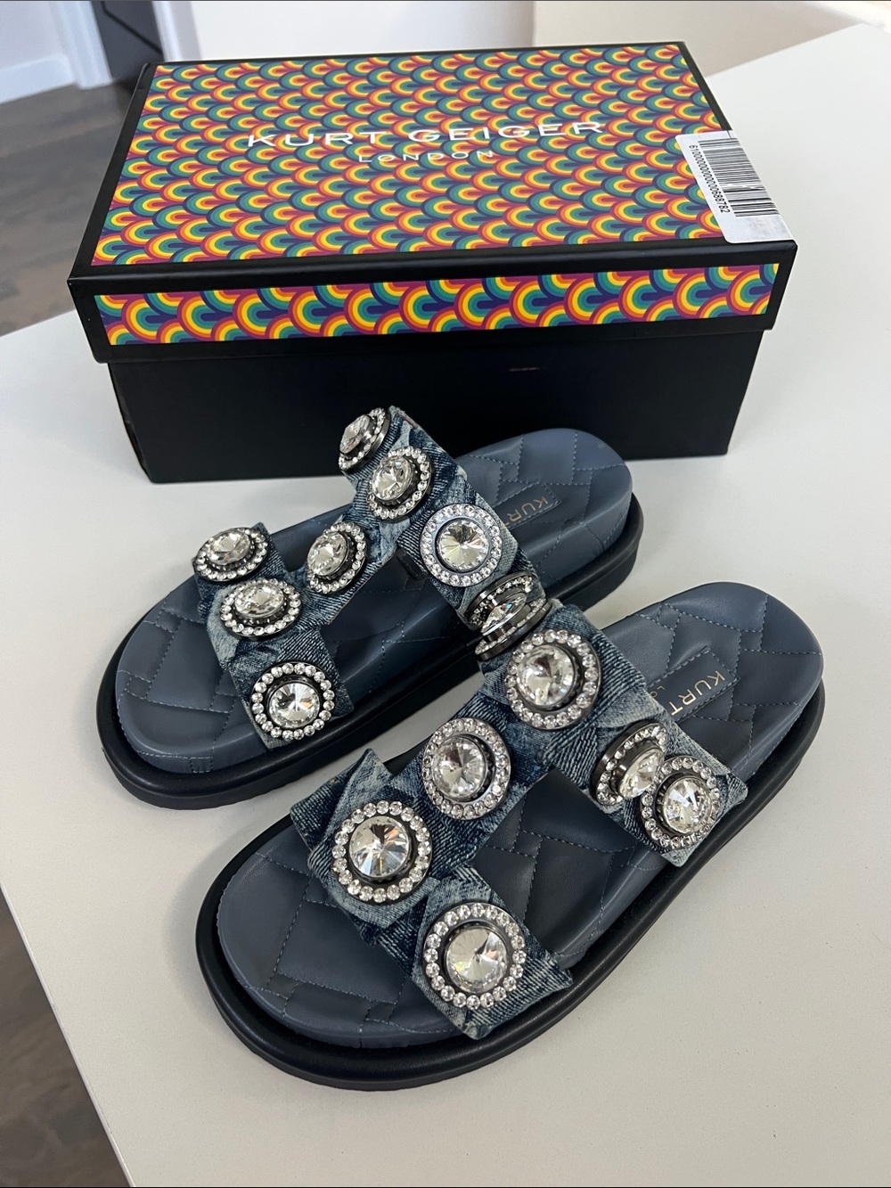 Kurt Geiger orson crystal open toe chunky denim jean material sparkly sandals 7